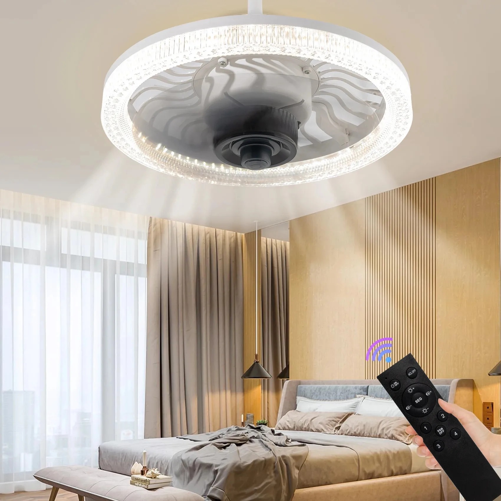 Smart Ceiling Fan - Intelligente LED-Deckenventilatorleuchte mit Fernbedienung, dimmbar, E27-Sockel,